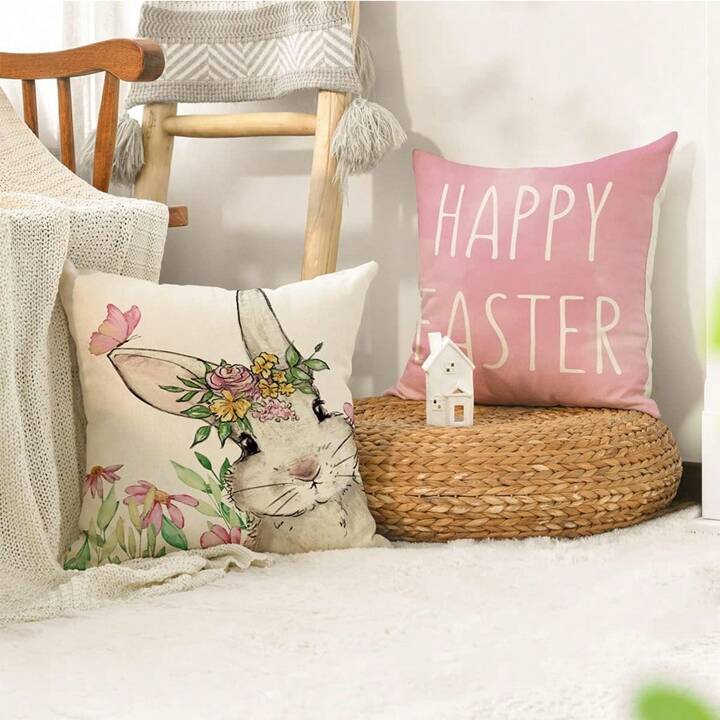 PILLOW COVER | 4pcs Happy Easter Bunny Pink Pillow Covers 45cm X 45cm