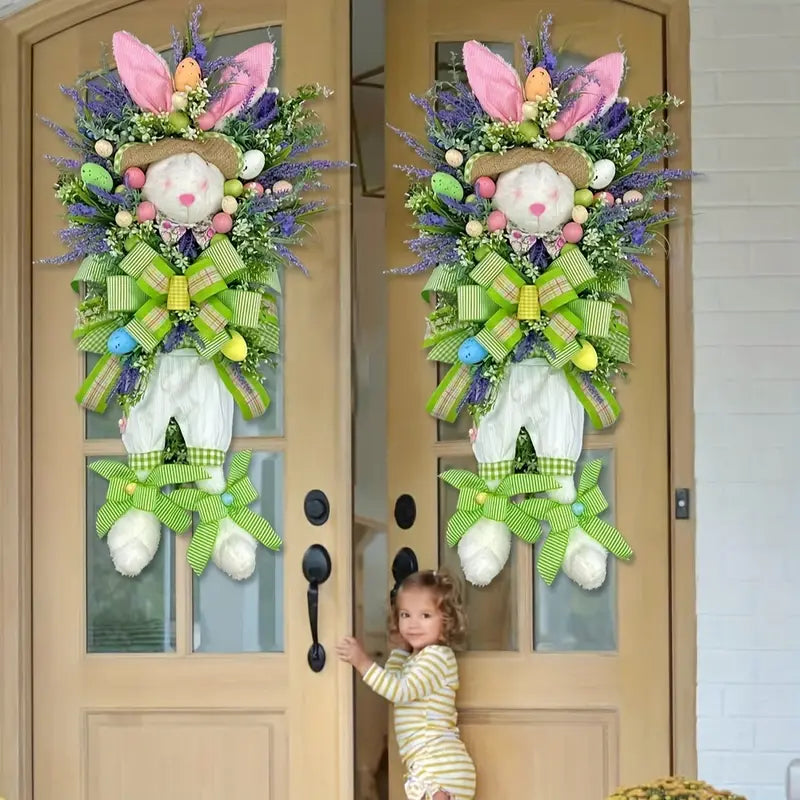 1pc, Easter Rabbit Decorative Wreath Pendant Easter Bunny Cartoon Theme Simulation Plant Door Hanging Ornament Easter Wreath, Easter Decorations