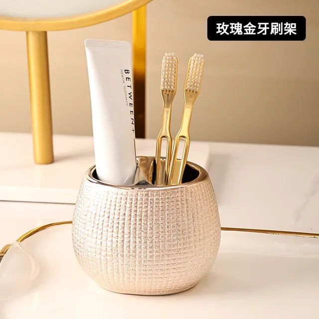 Rose Gold Kit Bathroom Accessories Sets Luxury Complete Ceramic Toilet Soap Dish Toothbrush Holder Shampoo Pump Dispenser Bottle