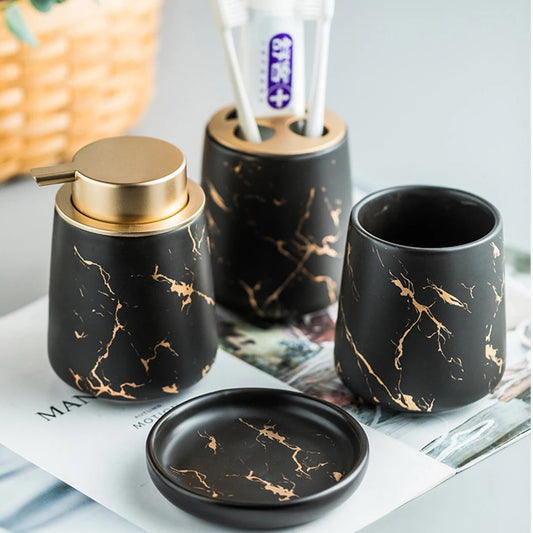 Nordic Marble Pattern Ceramic Soap Dispenser Mouthwash Cup Toothbrush Holder Soap Dish Bath Kit Bathroom Set Accessory Full